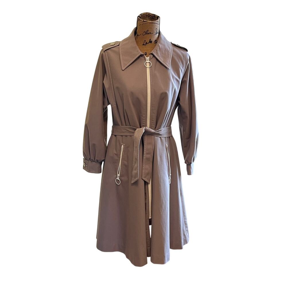 Vintage 70s 80s American Bazaar Tan Polyester Swing Style Midi Jacket Women's M